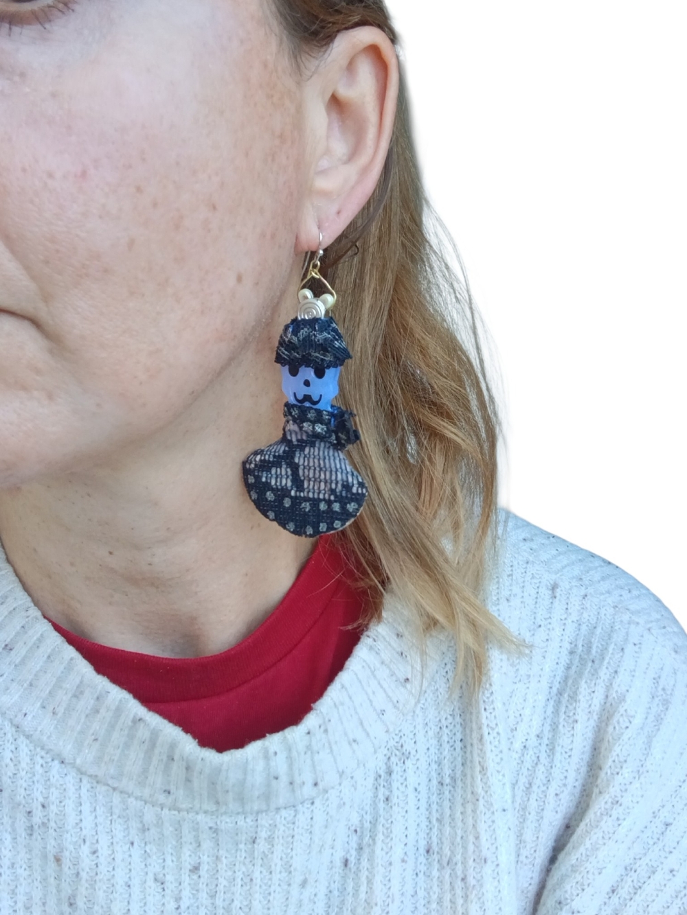Handmade White and Black Doll Skull  Drop Earrings - Women Jewelry , Halloween